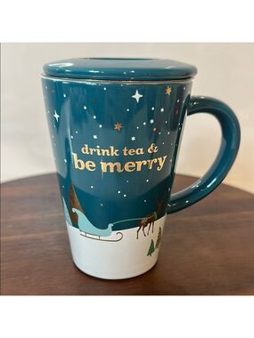 David’s Tea “Drink Tea & Be Merry” Perfect Mug with Lid + Infuser